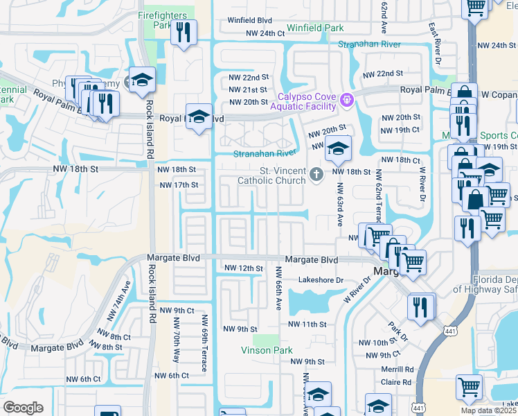 map of restaurants, bars, coffee shops, grocery stores, and more near 6775 Northwest 16th Street in Margate