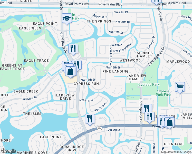 map of restaurants, bars, coffee shops, grocery stores, and more near 1395 Northwest 113th Terrace in Coral Springs