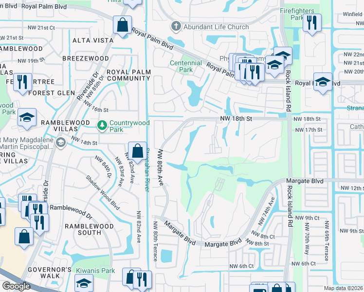 map of restaurants, bars, coffee shops, grocery stores, and more near 1550 Northwest 80th Avenue in Margate