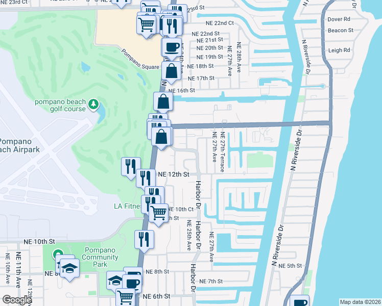 map of restaurants, bars, coffee shops, grocery stores, and more near 1300 Northeast 25th Avenue in Pompano Beach