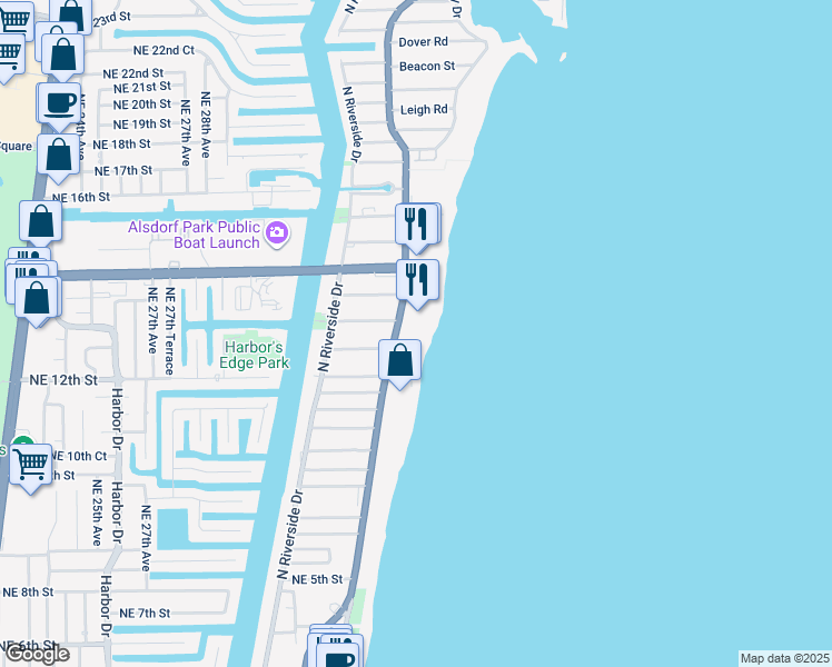 map of restaurants, bars, coffee shops, grocery stores, and more near 1200 Florida A1A in Pompano Beach