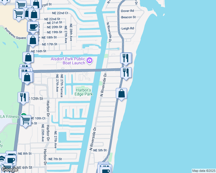 map of restaurants, bars, coffee shops, grocery stores, and more near 3240 Northeast 12th Street in Pompano Beach