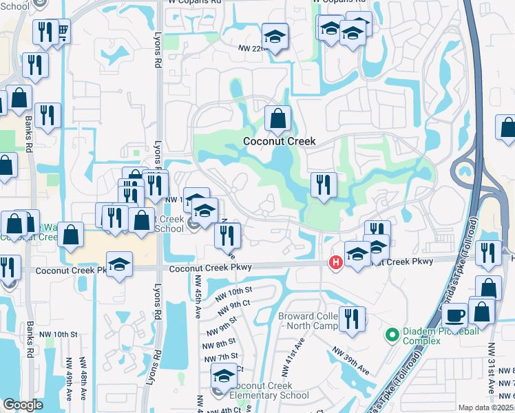 map of restaurants, bars, coffee shops, grocery stores, and more near 2805 Victoria Way in Coconut Creek
