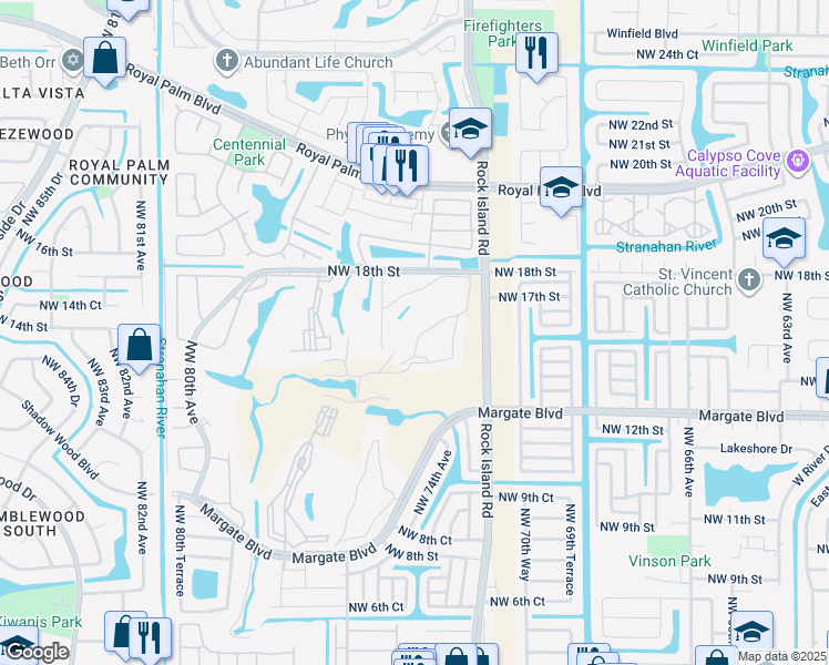 map of restaurants, bars, coffee shops, grocery stores, and more near 31 Northwest 18th Street in Margate