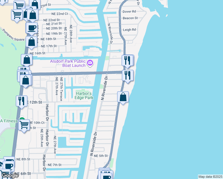 map of restaurants, bars, coffee shops, grocery stores, and more near 3240 Northeast 12th Street in Pompano Beach