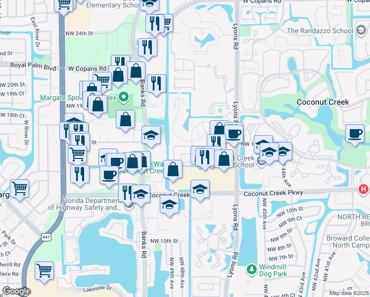 map of restaurants, bars, coffee shops, grocery stores, and more near 4851 Northwest 15th Street in Coconut Creek