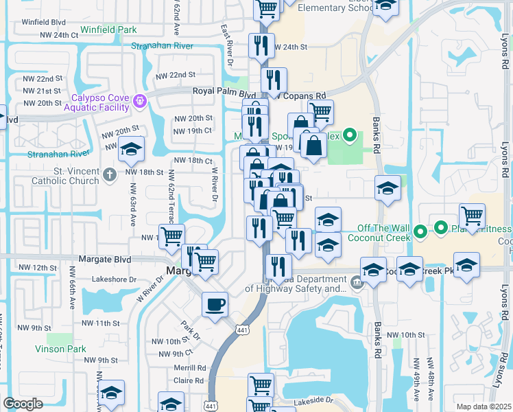 map of restaurants, bars, coffee shops, grocery stores, and more near 1703 Florida 7 in Margate