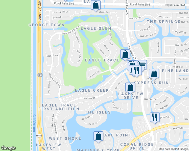 map of restaurants, bars, coffee shops, grocery stores, and more near 12136 Northwest 15th Court in Coral Springs