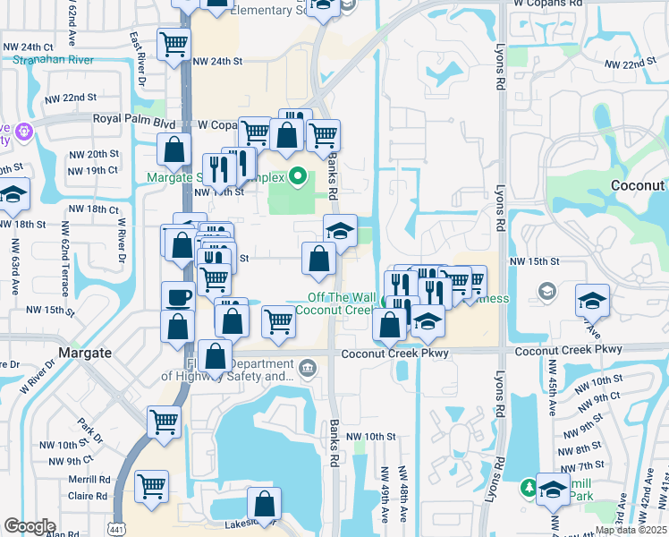 map of restaurants, bars, coffee shops, grocery stores, and more near 1447 Banks Road in Margate