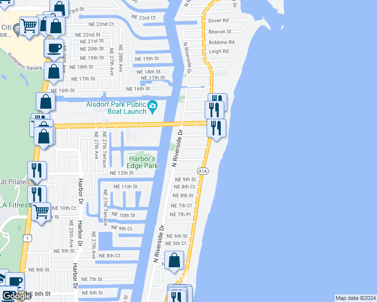 map of restaurants, bars, coffee shops, grocery stores, and more near 3240 Northeast 12th Street in Pompano Beach