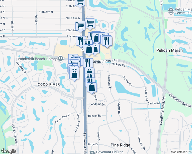 map of restaurants, bars, coffee shops, grocery stores, and more near 879 Meadowland Drive in Naples