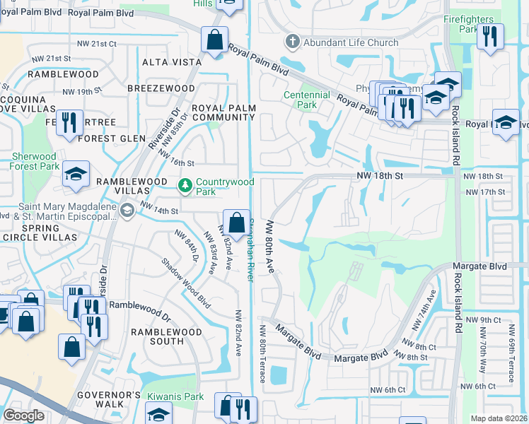 map of restaurants, bars, coffee shops, grocery stores, and more near 20 Northwest 14th Place in Pompano Beach