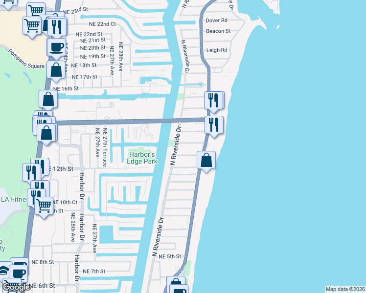 map of restaurants, bars, coffee shops, grocery stores, and more near 3212 Northeast 12th Street in Pompano Beach