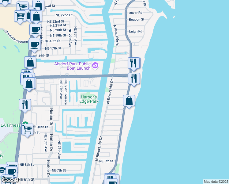 map of restaurants, bars, coffee shops, grocery stores, and more near 3240 Northeast 12th Street in Pompano Beach