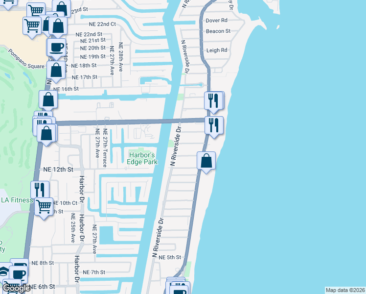 map of restaurants, bars, coffee shops, grocery stores, and more near 3240 Northeast 12th Street in Pompano Beach