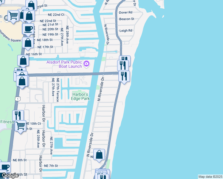 map of restaurants, bars, coffee shops, grocery stores, and more near 3240 Northeast 12th Street in Pompano Beach