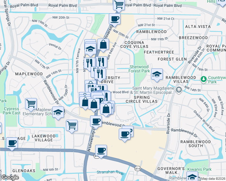 map of restaurants, bars, coffee shops, grocery stores, and more near 1439-1447 Northwest 94th Avenue in Coral Springs
