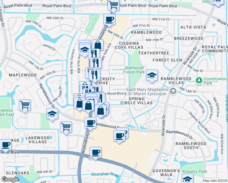 map of restaurants, bars, coffee shops, grocery stores, and more near 9295 Shadow Wood Boulevard in Coral Springs