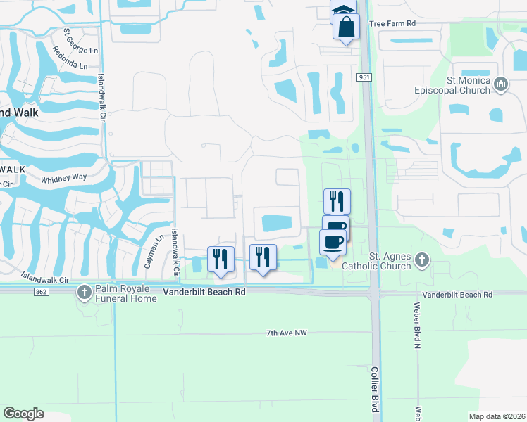 map of restaurants, bars, coffee shops, grocery stores, and more near 7414 Acorn Way in Naples