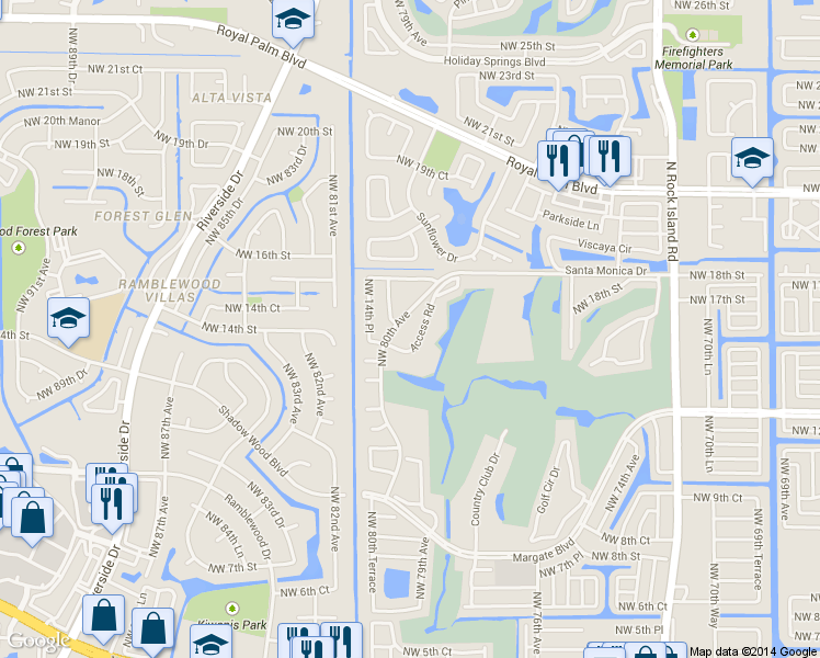 map of restaurants, bars, coffee shops, grocery stores, and more near 1500 Northwest 80th Avenue in Margate
