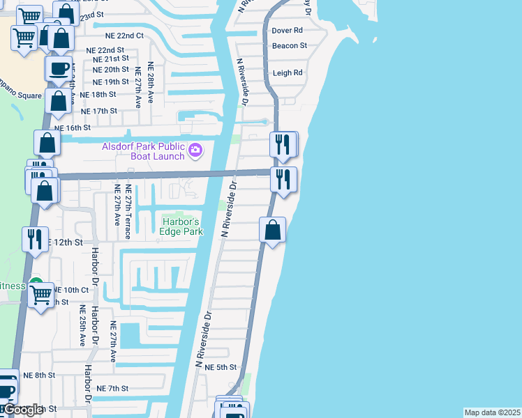map of restaurants, bars, coffee shops, grocery stores, and more near 3240 Northeast 12th Street in Pompano Beach