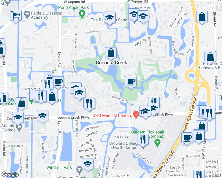 map of restaurants, bars, coffee shops, grocery stores, and more near 2802 Victoria Way in Coconut Creek