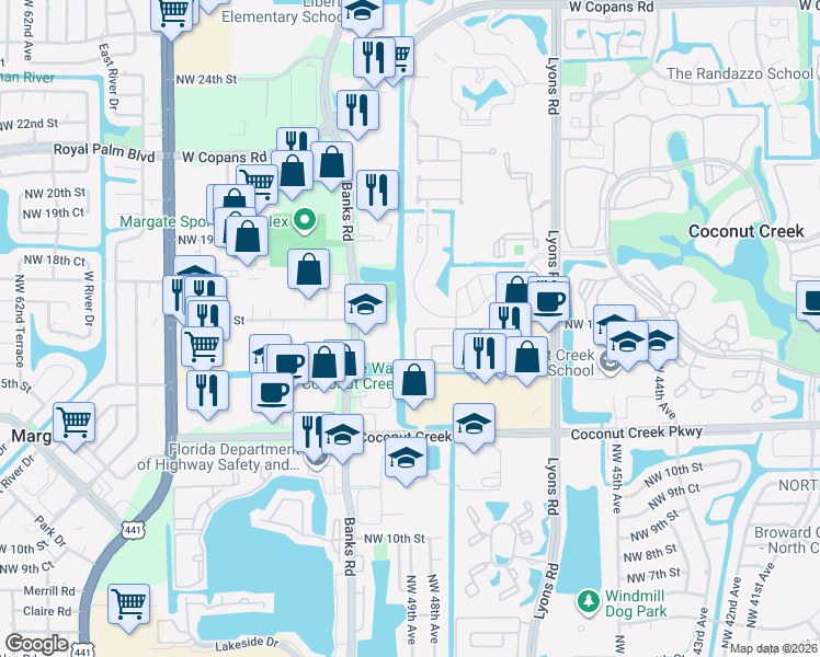 map of restaurants, bars, coffee shops, grocery stores, and more near 4851 Northwest 15th Street in Coconut Creek