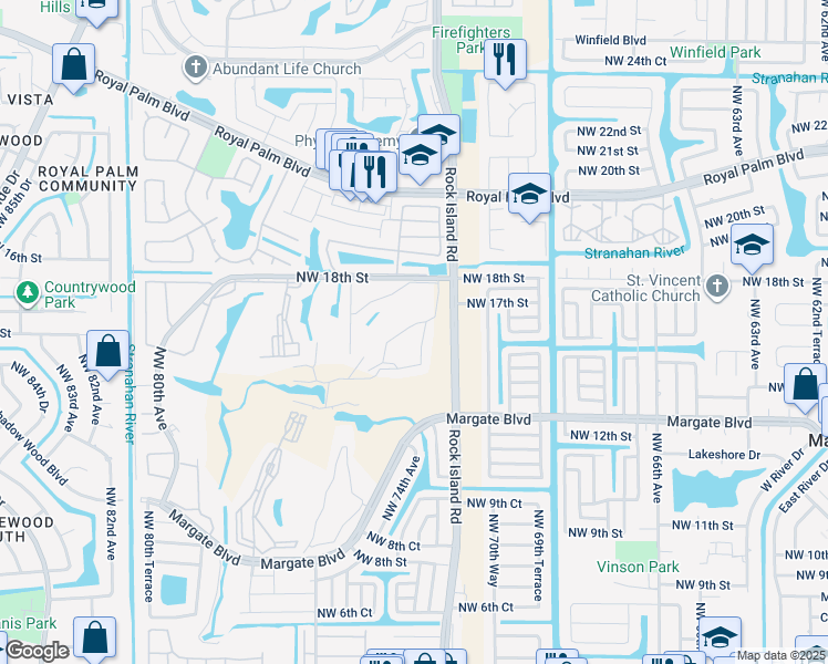 map of restaurants, bars, coffee shops, grocery stores, and more near 7311 Northwest 18th Street in Margate