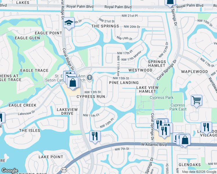 map of restaurants, bars, coffee shops, grocery stores, and more near 1397 Northwest 112th Terrace in Coral Springs