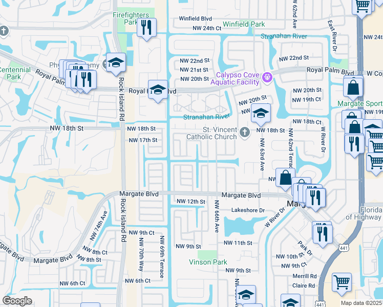 map of restaurants, bars, coffee shops, grocery stores, and more near 6775 Northwest 16th Street in Margate