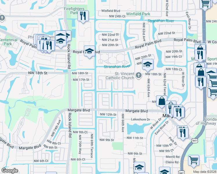 map of restaurants, bars, coffee shops, grocery stores, and more near 6775 Northwest 16th Street in Margate