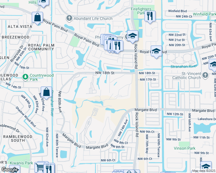 map of restaurants, bars, coffee shops, grocery stores, and more near 7420 Northwest 18th Street in Margate