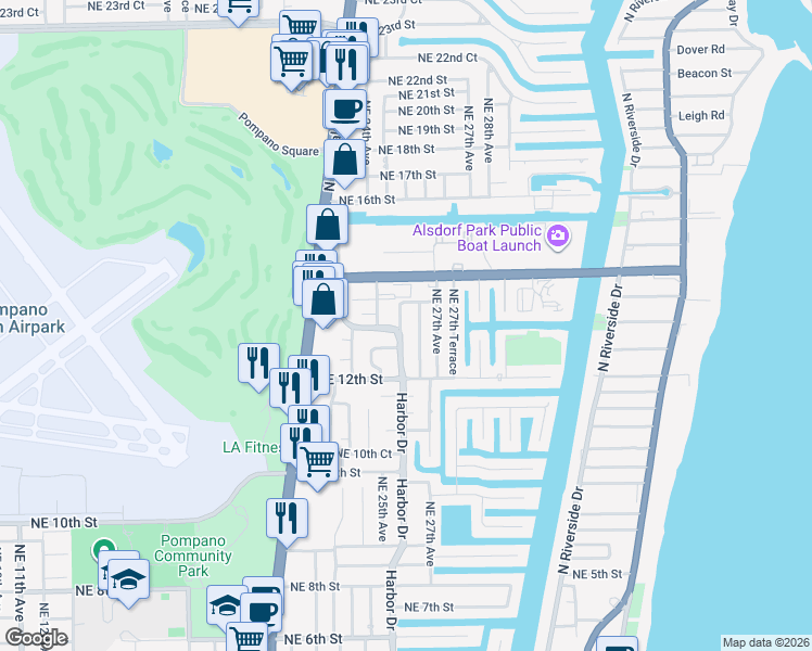 map of restaurants, bars, coffee shops, grocery stores, and more near 1301 Northeast 26th Terrace in Pompano Beach