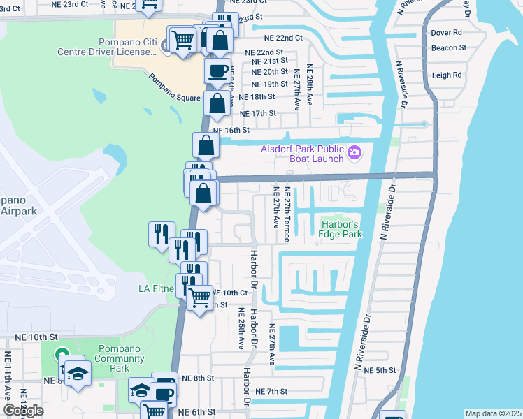 map of restaurants, bars, coffee shops, grocery stores, and more near 1301 Northeast 26th Terrace in Pompano Beach