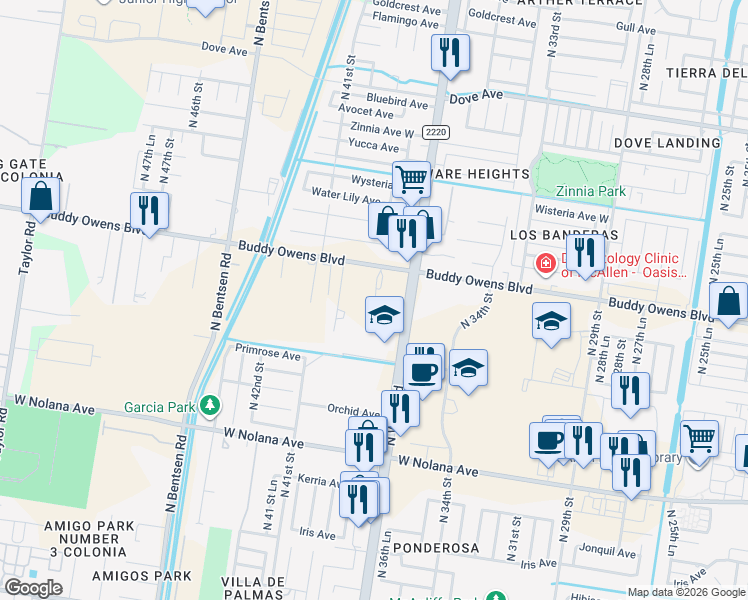 map of restaurants, bars, coffee shops, grocery stores, and more near 3801 Buddy Owens Boulevard in McAllen