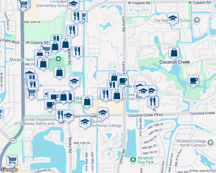 map of restaurants, bars, coffee shops, grocery stores, and more near 4721 Northwest 15th Street in Coconut Creek