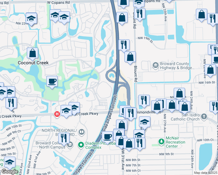 map of restaurants, bars, coffee shops, grocery stores, and more near 1605 Abaco Drive in Coconut Creek
