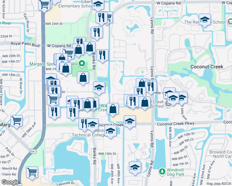 map of restaurants, bars, coffee shops, grocery stores, and more near 4851 Northwest 15th Street in Coconut Creek