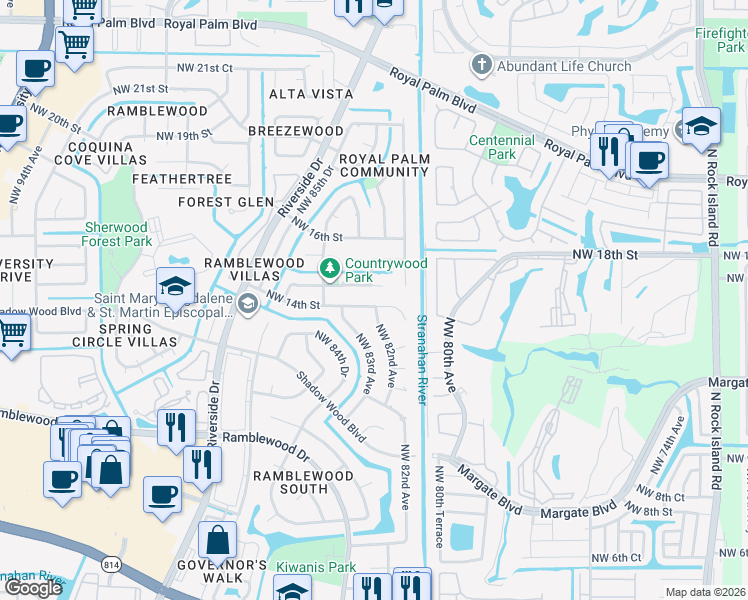 map of restaurants, bars, coffee shops, grocery stores, and more near 8333 Northwest 14th Street in Coral Springs