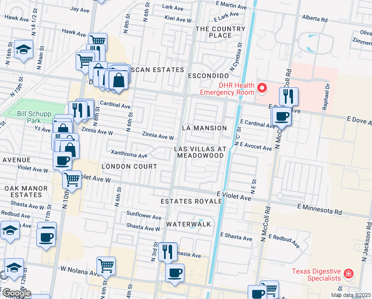 map of restaurants, bars, coffee shops, grocery stores, and more near 5121 North 1st Lane in McAllen