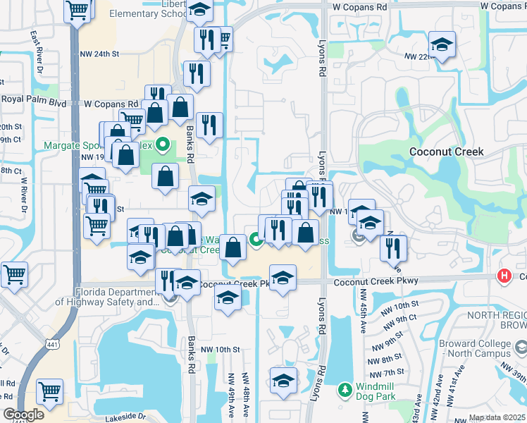 map of restaurants, bars, coffee shops, grocery stores, and more near 4781 Northwest 15th Street in Coconut Creek