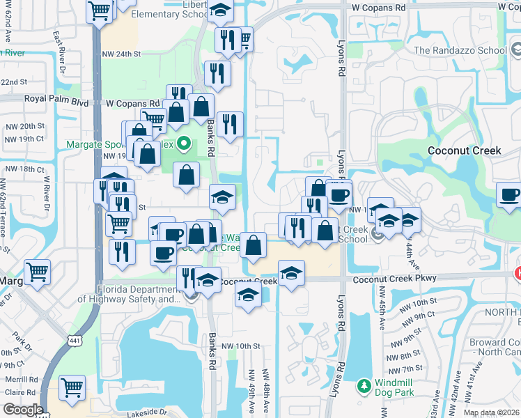 map of restaurants, bars, coffee shops, grocery stores, and more near 4851 Northwest 15th Street in Coconut Creek