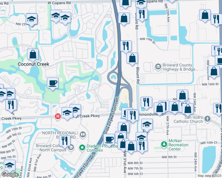 map of restaurants, bars, coffee shops, grocery stores, and more near 1605 Abaco Drive in Coconut Creek