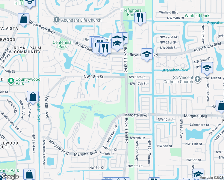 map of restaurants, bars, coffee shops, grocery stores, and more near 7311 Northwest 18th Street in Margate