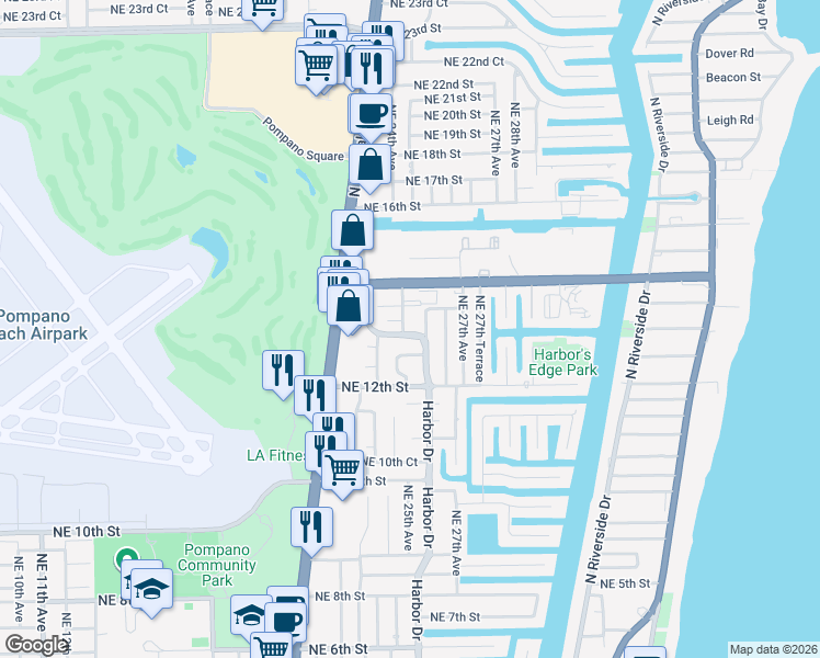 map of restaurants, bars, coffee shops, grocery stores, and more near 1300 Northeast 25th Avenue in Pompano Beach