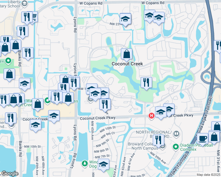 map of restaurants, bars, coffee shops, grocery stores, and more near 2805 Victoria Way in Coconut Creek