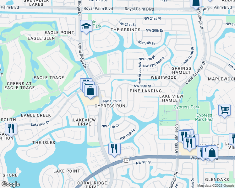 map of restaurants, bars, coffee shops, grocery stores, and more near 1395 Northwest 113th Terrace in Coral Springs