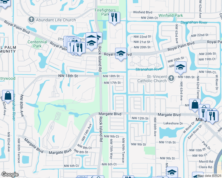 map of restaurants, bars, coffee shops, grocery stores, and more near 1555 Northwest 70th Lane in Margate