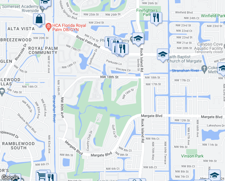 map of restaurants, bars, coffee shops, grocery stores, and more near 7420 Northwest 18th Street in Margate