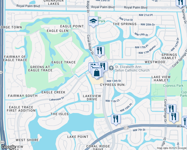 map of restaurants, bars, coffee shops, grocery stores, and more near 1440 Coral Ridge Drive in Coral Springs